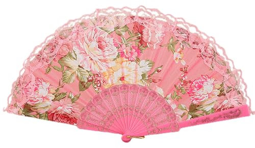 curfair Portable Lace Fan Simple Operation Hand Fan Vintage Lace Folding Fan Portable Handheld Chinese Dance Fan for Dance Photography Events Pink
