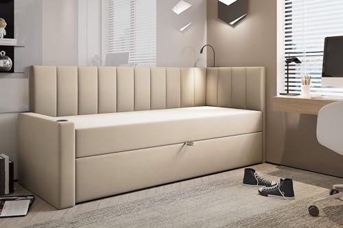 Kinderbett Boxspringbett Tokio mit integrierter Matratze und Aufbewahrung, Veloursstoff (beige, links, 90 x 200 cm)