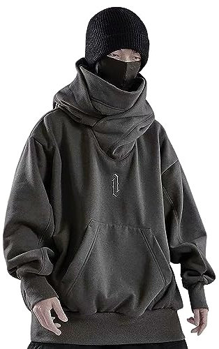 Ninja Men's Harajuku Pullover with Hood Shawl Collar Oversized Sweatshirt Streetwear Plain Turtleneck Vintage Double Neckline Hoodie, O Grey, L