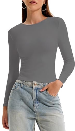 OOHOKAY Damen Langarmshirt Basic Oberteile Y2K Slim Fit Tshirt Elegant Stretch Unterziehshirt Pullover Langärm Crop Tops Streetwear(Dunkelgrau-L1,S)