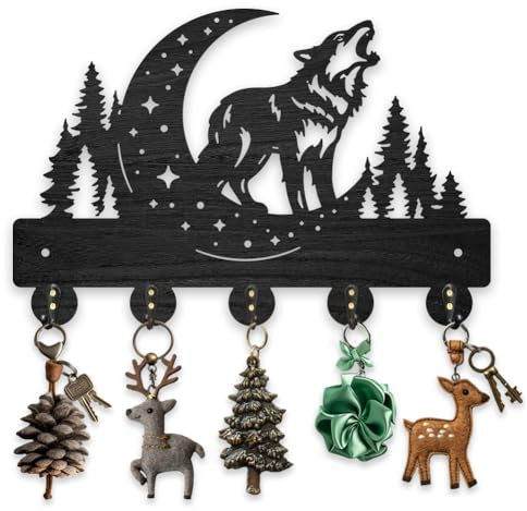 MAYJOYDIY Holz Heulender Wolf Garderobenständer Wandmontage Mondtier Schlüsselhaken 30×20cm Schwarzwald Kunst Schlüsselbrett Mit 5 Haken Aus Legierung Für Schlafzimmer Küche Eingangsbereich Büro