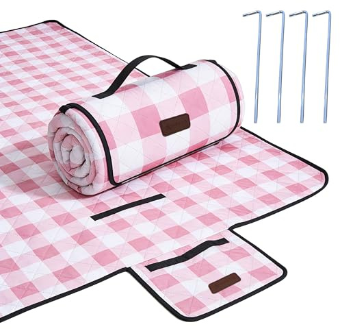 HX&OD Picknick-Outdoor-Decke, extra groß, 203,2 x 203,2 cm, wasserdicht, faltbar, Gingham-Picknickmatte für Strand, Camping, Gras, Rasen, Park, Zubehör, niedliche Paarideen, Hochzeit (Rosa, 203,2 x