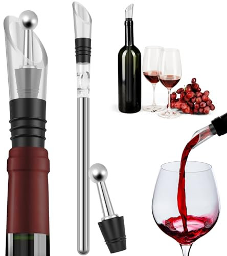 3 in 1 Wine Cooler, Stainless Steel Wine Bottle Chiller Stick with Pourer Aerator & Wine Stopper, Wine Chill Rod for Party BBQ, Birthday Gift for Women Men Wine Lovers (Wine Cooler)