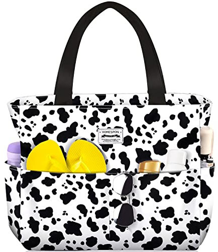 HOMESPON Große Strandtasche Damen mit Reißverschluss Wasserdicht Badetasche XXL Familie Beach Tote Bag,Kuh