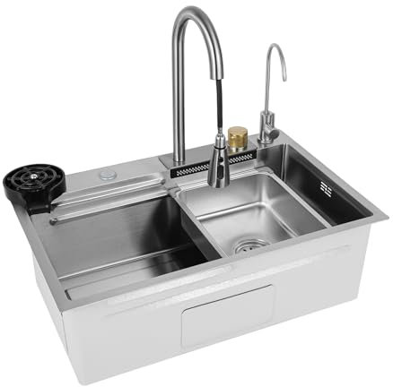 Einschalen-KüChenspüLe Wasserfall-BarspüLe SpüLe EdelstahlspüLe Mit Wasserhahn Edelstahl SpüLbecken EinbauspüLe KüChenspüLe Abnehmbarem SpüLtisch HaushaltsspüLen-Set Silber (68x35x21CM)