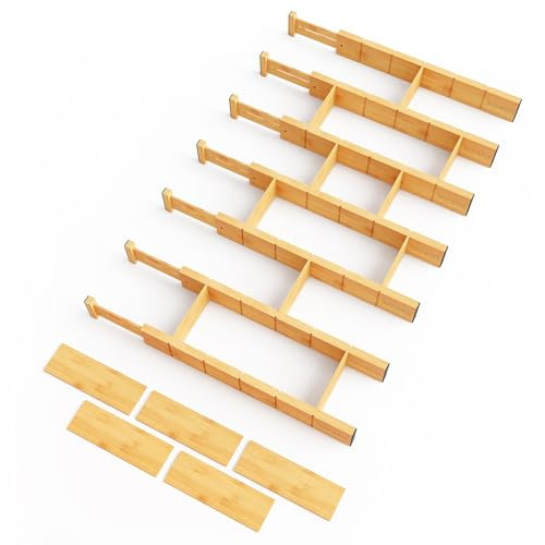 SpaceAid Bamboo Drawer Dividers with Inserts and Labels, Kitchen Adjustable Drawer Organizers, Expandable Organization for Home, Office, Dressers, 7 Dividers with 15 Inserts (17-22 Natural)