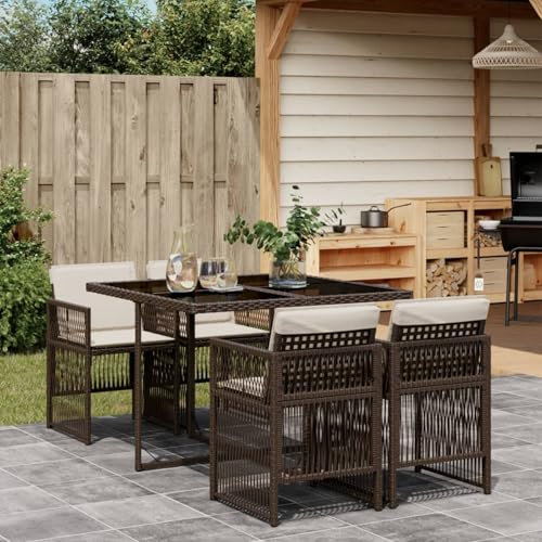 IKAYAA Polyrattan Gartenmöbel Set für 4 Personen, Garten Sitzgruppe, Rattan Essgruppe, Gartengarnitur, Sitzgarnitur, Terrassenmöbel Set, Gartentisch mit 4 Stühle & Kissen Braun und Creme Type-2