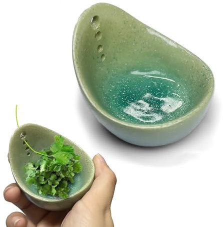 QQdou Pottery Herb Stripper Bowl, Kitchen Leaf Stripping Tool, Handmade Different Round Hole Sizes, for Basil, Rosemary, Thyme, Chard, Kale, Mint(C)