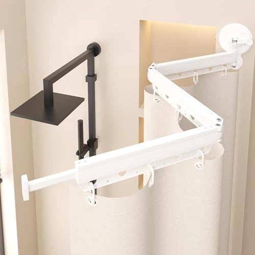 Tringle Rideau Douche Angle Pliable - Barre de Douche Extensible Reglable Sans Percage avec Rideaux de Douche Anti Moisissure, Tissu en Faux Lin, Imperméable Séchoir à Linge Mural(Light gray,95 cm/37.