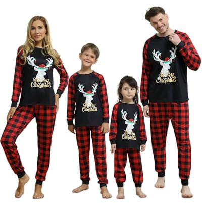 Pyjama Noel Famille,Ensemble Pyjama Famille Noel,Pyjama de Noël Famille Assortis,Vêtement de Nuit à Manches Longues avec Imprimé de Renne,Christmas Pyjamas Noel pour Femme Homme Enfant Bébé et Couple