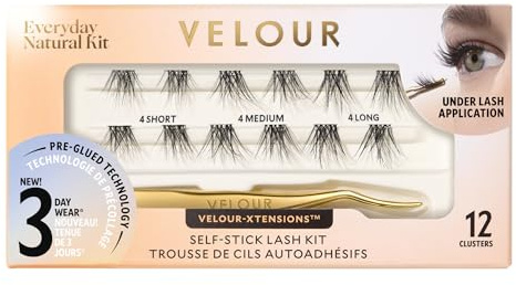 Velour Self-Stick Self Adhesive Lash Clusters, 12 Count + Applicator (Kit) | (12 Clusters) Self Adhesive Eyelashes with Lash Applicator, New No Glue Technology for Lightweight Natural Look at Home