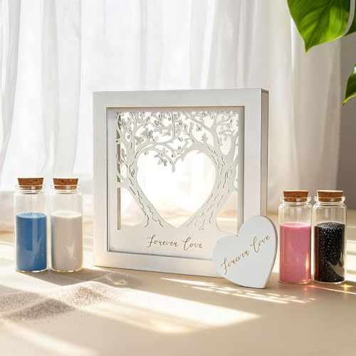 Einheitssand für Hochzeitszeremonie Set: Zierliche Geschnitzte Holzbox mit Wunschgläsern und Flaschen mit Korkverschluss und Hochzeitssand-Funktionssets für Ehe, Brautparty, Familieneinheitszeremonie