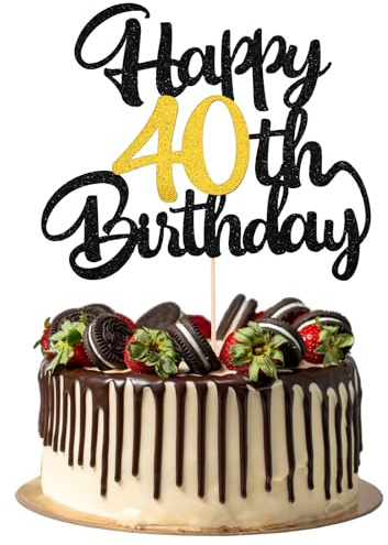 1 Stück Tortendeko 40 Geburtstag, Kuchen Topper „Alles Gute zum Geburtstag“ mit Glitzer, 40. Geburtstagsdeko in Schwarz-Gold, Cake Topper für Frauen und Männer, Jubiläumsdekoration für Party und Feier
