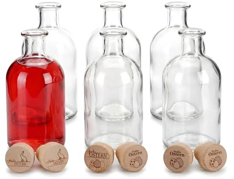 gouveo 6er Set Glasflaschen 250 ml (0,25 l) Apothekerflasche rund mit Holzgriffkorken graviert „Frohe Ostern“ Motiv-Mix – leere Likörflaschen, Deko- & Abfüllflaschen aus Klarglas