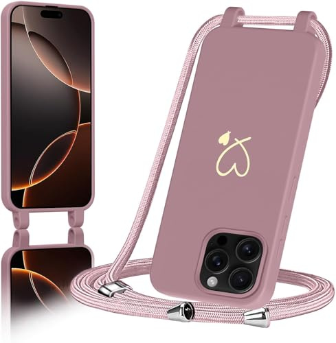AoozeFon Handyband für iPhone 16 Pro Hülle mit Band, Handyhülle Silikon mit Goldenem Herzmuster für iPhone 16 Pro, Abnehmbare Stoßdämpfend Handytasche mit Nylon-Lanyard, Rosa