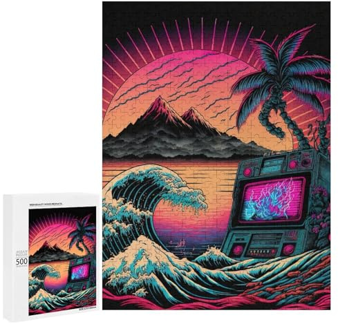 Puzzles 500 PCS Für Teenager Neon Sunset Boombox Wave Puzzles Für Erwachsene Entspannungsspiele Schwierig Anspruchsvolle Lernherausforderung 500 PCS