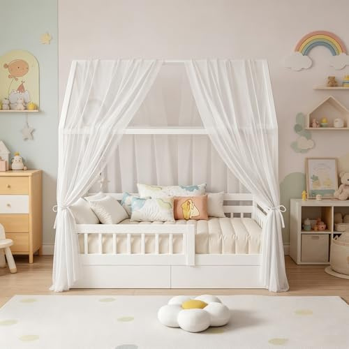 LOMUG Hausbett Himmel, Betthimmel Hausbett Musselin mit 2 Stück Betthimmel, Stoffhimmel für Hausbetten Mädchen Jungen Baldachin Kinderbett Kinderzimmer Deko -150 x 350 cm Weiß