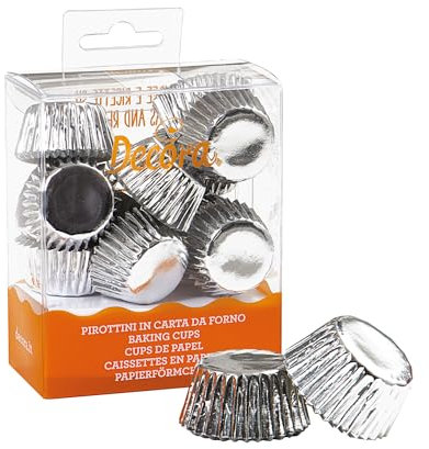DECORA, 0339794 Confezione da 180 Pirottini Bon Bon Argento Metallic da 27 X 17 mm, in Carta da Forno, per Cuocere, Presentare e Regalare Bon Bon, Resistono fino a 180°, In comodo Blister, Made in Italy