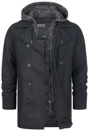 Indicode Herren Cliff Kurzmantel Wollmantel mit Stehkragen und Kapuze | Warmer Herrenmantel für Alltag und Freizeit mit Kapuze, Wintermantel, Outdoorjacke, Freizeitmantel, edler Mantel für Männer