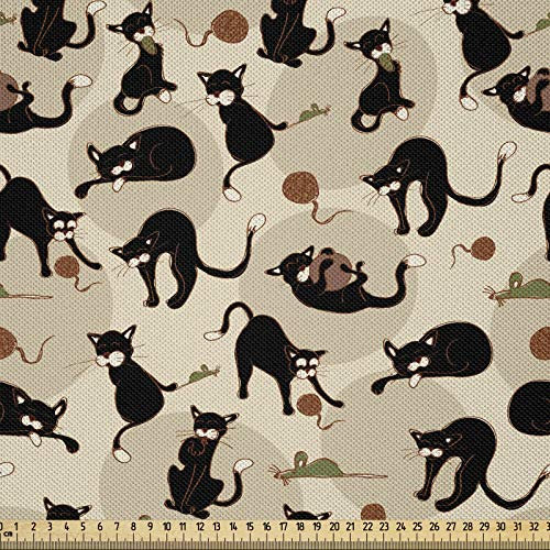 ABAKUHAUS Katze Stoff als Meterware, Haus-Haustier, das mit Ball spielt, Seidiger Satin Stoff für Polster Heimtextilien, 1M (148x100cm), Meeresgrün Schwarz Tan