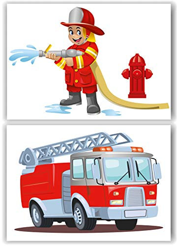 EZYART 2er-Set Kinderposter DIN A4 Wandbild fürs Kinderzimmer Feuerwehrmann und Feuerwehrauto