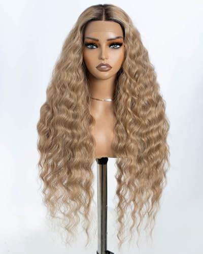 Style Icon Perücke mit Filmansatz Super Lange Lace Front Wigs für Frauen Kunsthaar Wasserwelle Perücken mit Mittelscheitel Damen Wig 76cm Kunstfaser synthetische Faser (RT6/23C)