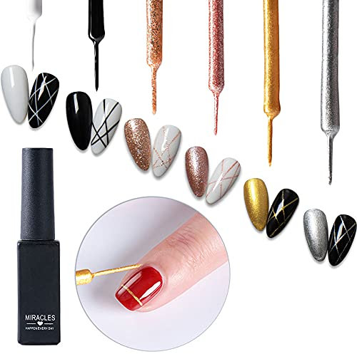 Liner Pen Gel Nail Polish Kit, Painting Drawing UV Led Gel Polish Set, DIY 3D Gel Nail Paint Nail Gel Polish, Pen Tool Pull Line Pen for Nail Manicure, Champagne Glitter Silver Rosa Gold Black White