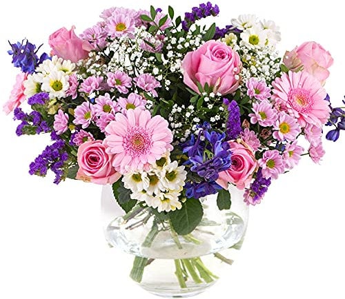 Blumenstrauß Blütenperle, Rosa und Lila Blumen versenden, handgebunden mit 7-Tage-Frische-Garantie, Gerbera, Rosen, Chrysanthemen, Rittersporn, Strandflieder und Schleierkraut, Blumenversand