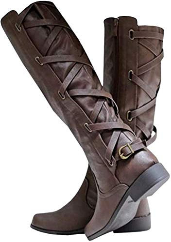 Coutgo Damen-Stiefel, kniehoch, zum Schnüren, für Motorradfahren, flache Absatz, Riemen, Winter-Kampfstiefel, Dunkelbraun, 38 EU