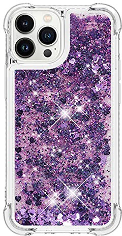 iPhone 13 Pro Max Case Glitter, 3D Bling Sparkle Quicksand Flowing Liquid Clear Transparent TPU Gel Silicone ShockProof Protective Phone Case for iPhone 13 Pro Max Cover Girls, Purple