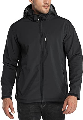 33,000ft Men's Waterproof Jackets Fleece Lining Softshell Jacket - Multi Pockets Outdoor Windproof Coat With Detachable Hood Black L