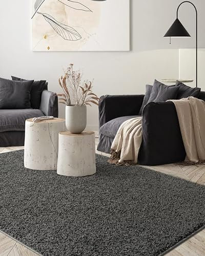 the carpet Foxy Shaggy Teppich - Hochflor Teppich Wohnzimmer & Schlafzimmer - Waschbar & rutschfest - Anthrazit 200 x 290 cm
