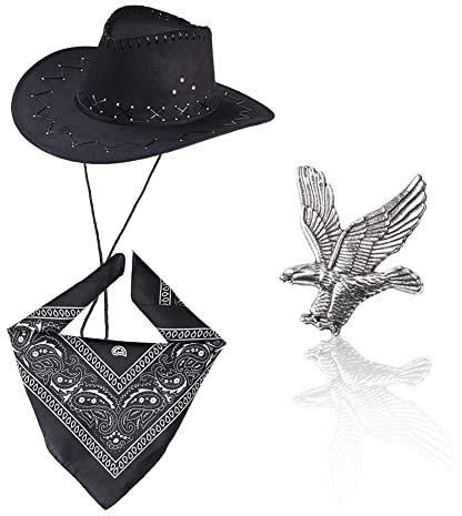 REYOK Western Cowboy Kostüm Zubehör Set Wilder Westen Kinderkostüm Cowboy Set Cowboy Kostüm Zubehör Hut Bandanna Toy Guns mit Gürtel Holster für Halloween Party Dress Up Karneval, Mottoparty(Schwarz)