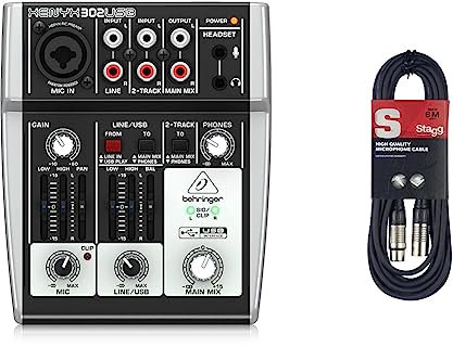 Behringer 302USB Mixer premium a 5 ingressi con preamplificatore microfonico XENYX e interfaccia USB/audio & Cavo da microfono a mixer Stagg SMC6 da 6 metri XLR (m) -XLR (f), nero