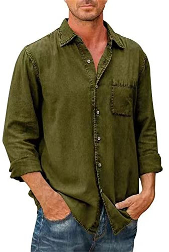 AOKODA Hemd Herren Revers Knöpfe Tasche Einfarbig Hemd Herren Lose Weich Komfortabel Casual Hemd Herren Basic Einfachheit Klassisch Langarm Hemd Herren C-Army Green L