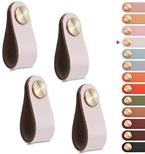 LEREATI 4pcs Leather Drawer Handles Drawer Knobs Kitchen Cupboard Handles, Leather Drawer Pulls for Cupboards, Wardrobe, Dresser, Closet (Cream, Single Hole)