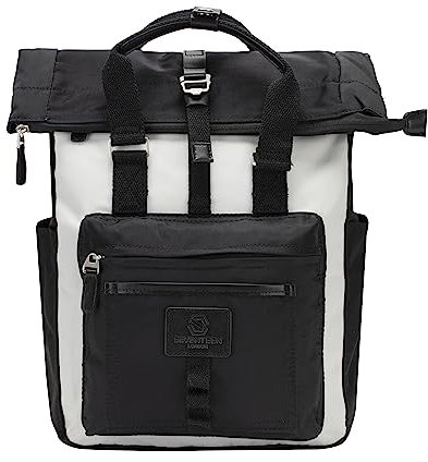 SEVENTEEN LONDON – 12L Laptop-Rucksack für Damen 15 Zoll Mädchen Jungen Schulrucksack Wasserabweisendes Nylon Roll Top Rucksack in Cremefarbe & Schwarz für Universität/Reisen/Herren – 'Canary Wharf'