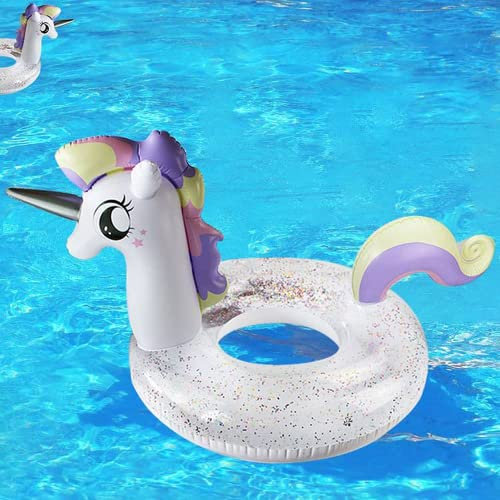 Aufblasbare Einhorn Luftmatratze mit Glitzer Pool Float Schwimmen Floß Strand Schwimmbad Spielzeug Schwimmsitz Für Kinder und Erwachsene (90)