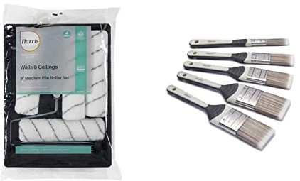 Harris 102012009 Seriously Good Walls & Ceilings Paint Roller Set 9in & Seriously Good No Loss Paint Brushes for Walls and Ceilings, 5 Brush Pack, 0.5 1 1.5 2