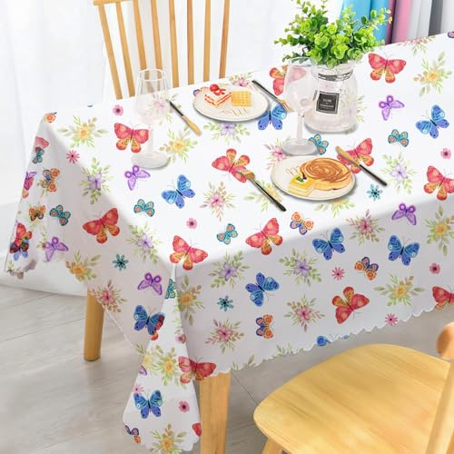 iEvery Wipe Clean Tablecloth Rectangular 150x260cm - Butterfly Flower Table Cloth Waterproof Stain-Resistant Polyester Wipeable Table Cover for 8-10 Seater Dining Kitchen Patio Garden Party Outdoor
