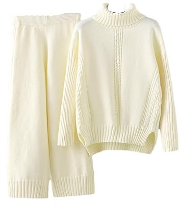 Alloaone Tute da Donna in Cashmere, Maglione Dolcevita Lavorato A Maglia, Set da 2/Due Pezzi, Tailleur Pantalone con Coulisse