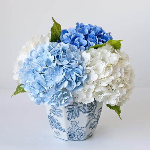 YalzoneMet Ortensia artificiale naturale realistico, vero lattice 53,3 cm, stelo lungo, bouquet di ortensie per casa, feste, esterni, matrimoni, centrotavola, decorazione (2 bianchi, 1 blu, 1 azzurro)