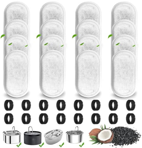 32 Stück Trinkbrunnen Filter, Filter Katzenbrunnen, Ersatzfilter für Katzenbrunnen für Edelstahl Katzenbrunnen für 108oz/3.2L und 67oz/2L,16 Stück Kohlefilter und 16 Stück Schaumfilter