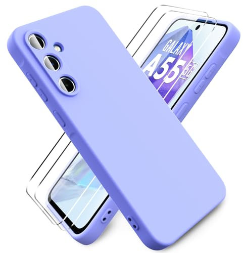Ikziwreo - Hülle für Samsung Galaxy A55 5G Handyhülle, mit 2 Stück Displayschutzfolien, Reiner Farbe Ultradünne Weich Silikonhülle, Stoßfeste Anti-Scratch Gummi Schutzhülle - Lila