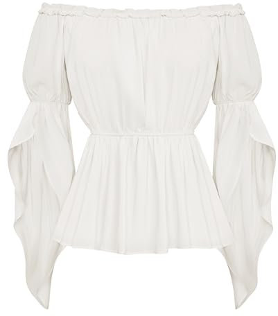 SCARLET DARKNESS Women's Victorian Top Elegant Off The Shoulder Ruffled Sleeve Elastic Waist Plus Size White Medieval Tops for Women UK XXL