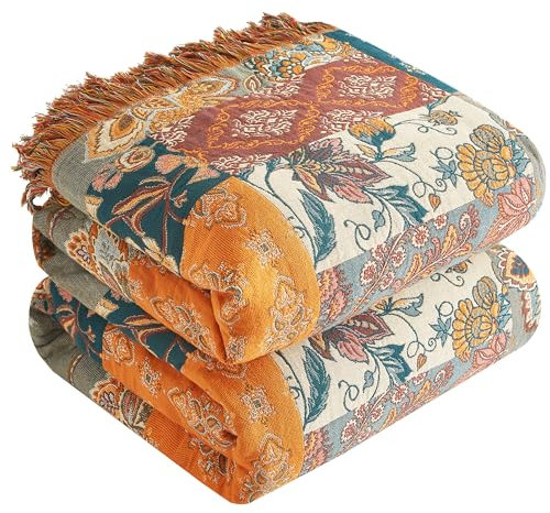 SESoftexly - Manta bohemia de 100% algodón, doble cara, 150 x 200 cm, manta acogedora para sofá y cama, diseño estético, ideal para salón y dormitorio, naranja/verde