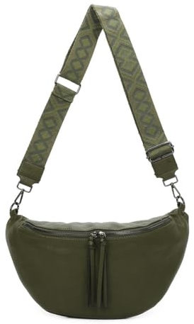 Damen Tasche Crossbody Schultertasche Gürteltasche Brusttasche Hüfttasche Bauchtasche Umhängetasche Cross-Over Bodybag Handytasche Geldtasche Kosmetiktasche Leder Optik Olivgrün M
