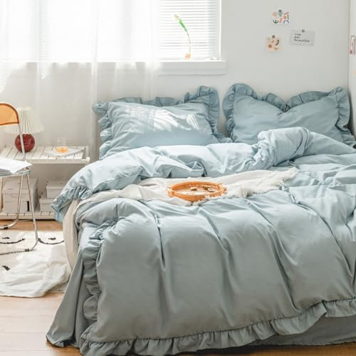 AShanlan Bettwäsche 200x220 Blau mit Rüschen Aesthetic Bettbezug Romantische Gewaschene Microfaser Hellblau Rüschen Bettwäsche Set und 2 x Kissenbezug 80x80 cm Reißverschluss