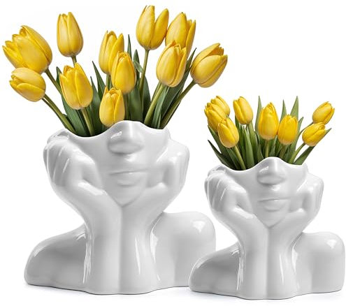 Winter Shore Blumentopf Gesicht (2er-Pack) - Deko Vasen Set aus Keramik - Kleine Pampasgras- & Blumenvase Modern - Weiße Vase für Blumensträuße & Heimdeko - Einzigartige Kleine Vase Gesicht