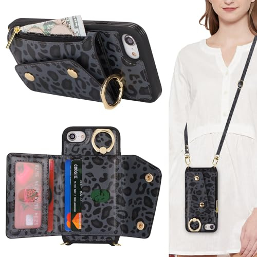 Lipvina Coque pour iPhone 8 avec Cordon Porte Carte Portefeuille Étui iPhone SE(2020/2022) avec zippé Cordon Réglable Collier Housse Etui avec Anneau pour iPhone 7 - Léopard Noir